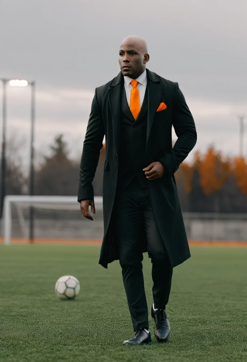 bald african-american man in a black suit, orange tie, orange pocket square, black overcoat, walking toward camera, photorealistic, professional, bokeh, cinematic photo, realistic, (real lighting:1.2), (realistic lighting:1.5), (real ilumination:1.2), (realistic ilumination:1.5), (shadows:1.2),(real shadows), 4k, highly detailed, on a soccer field, overcast sky
