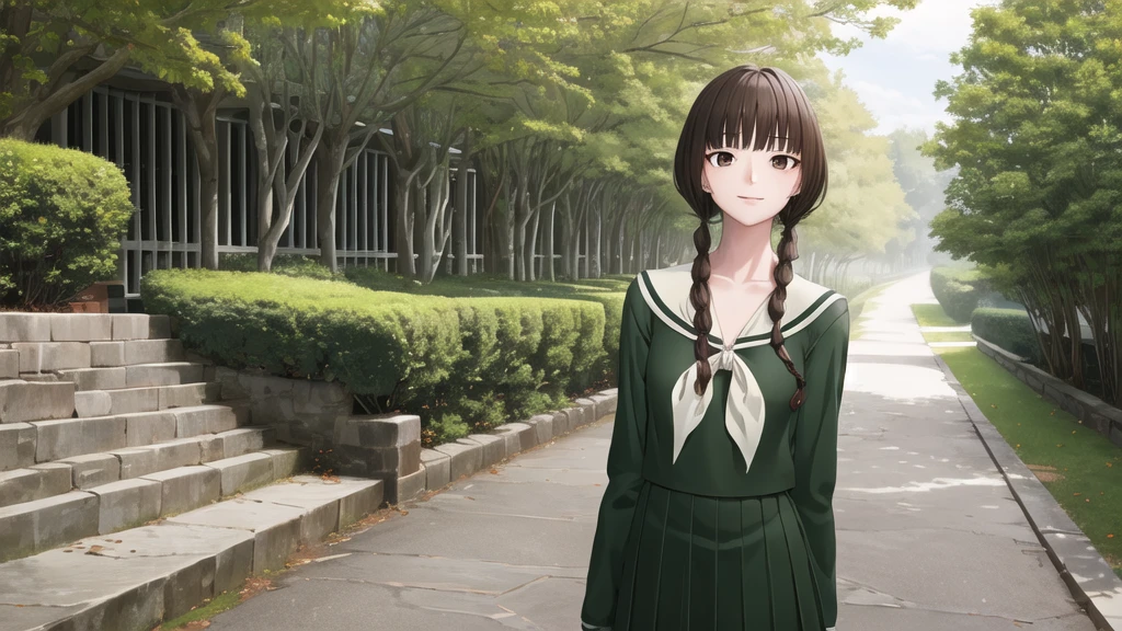 16 years old, masterpiece, Highest quality, High resolution, aayoshino, Slender figure, Sickly, White Rose, Long Hair, Twin Blade, Brown eyes, Hair that falls over the shoulders, , Sailor collar, neckerchief, Green Shirt, One piece sailor shirt, Long sleeve, Green Skirt, Long skirt, Are standing, Cowboy Shot, Outdoor, White Rose庭園, Person on the right, Shining Face