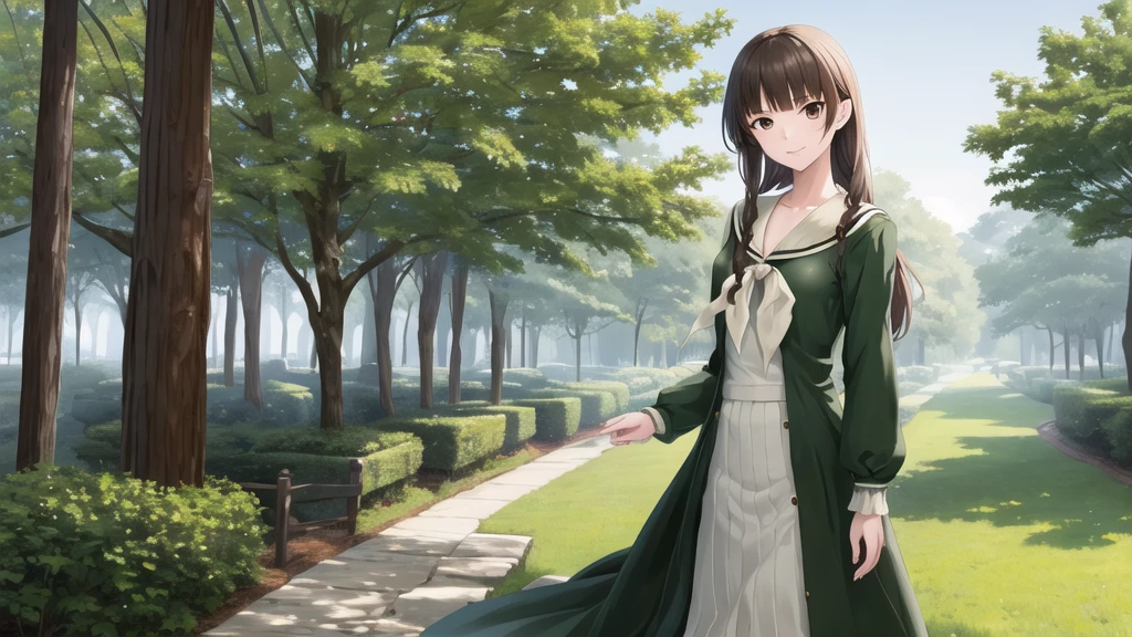 16 years old, masterpiece, Highest quality, High resolution, aayoshino, Slender figure, Sickly, White Rose, Long Hair, Twin Blade, Brown eyes, Hair that falls over the shoulders, , Sailor collar, neckerchief, Green Shirt, One piece sailor shirt, Long sleeve, Green Skirt, Long skirt, Are standing, Cowboy Shot, Outdoor, White Rose庭園, Person on the right, Shining Face