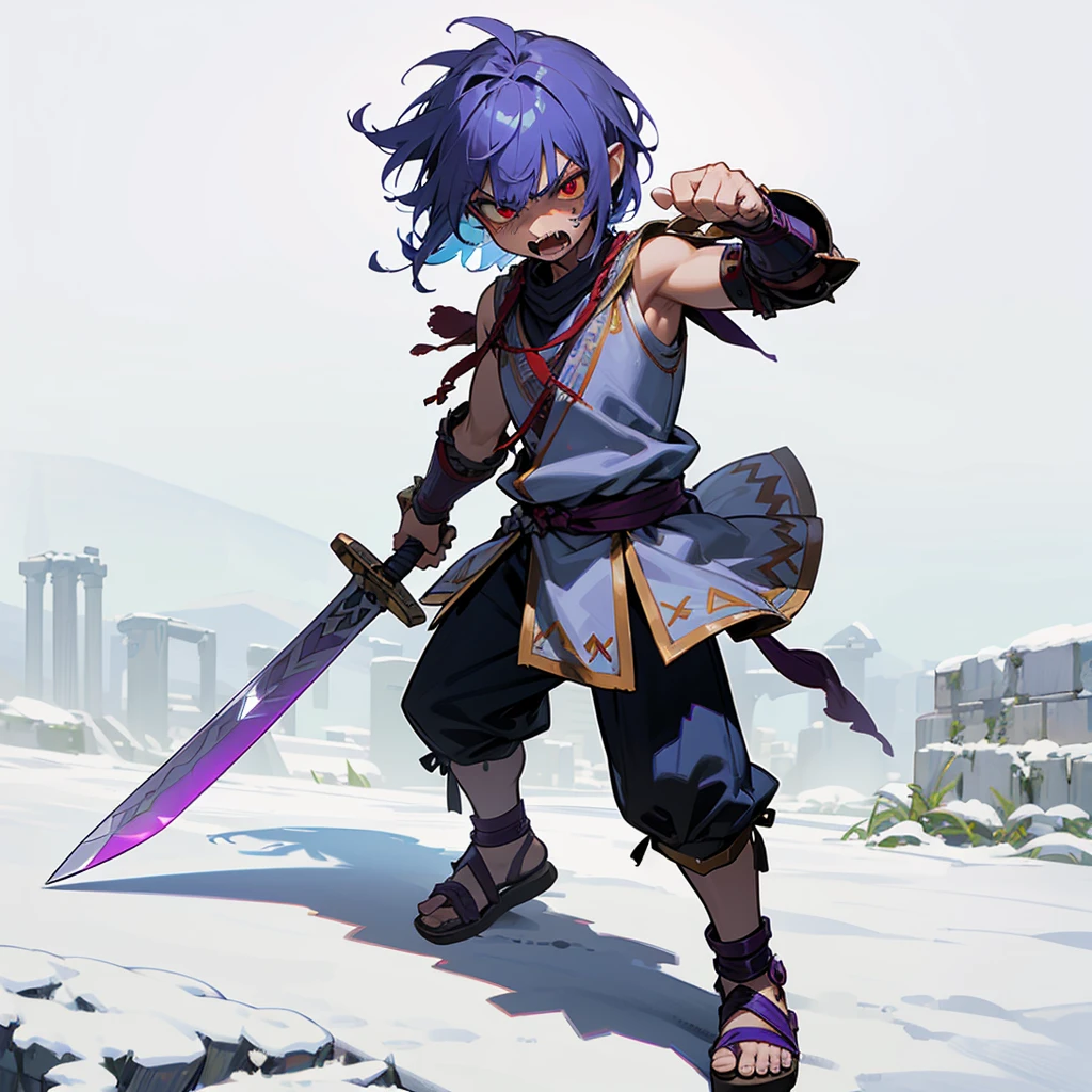 1little boy orc, Full body version, red eyes, purple colour skins, angry eyes, cut hair, blue colour hair, angry expression, ancient greek clothing, gladiator sandals, plain sword in hand, small shield, plain armor vest, Grassroots background in snow