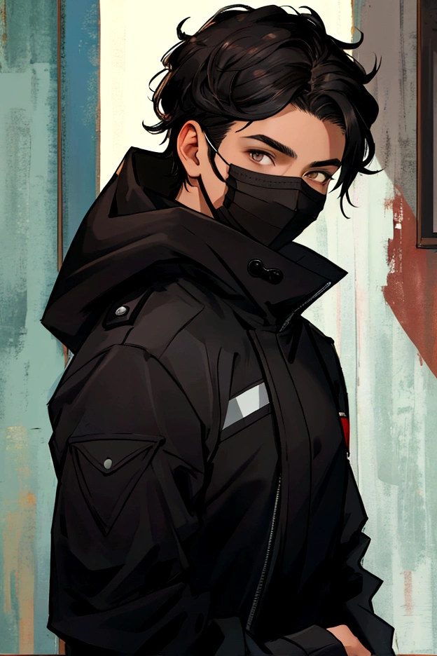 ((Highest quality)), ((masterpiece)), (detailed), Perfect Face, mature, Balaclava, Black Uniform, Short black hair, Brown eyes, Black hood