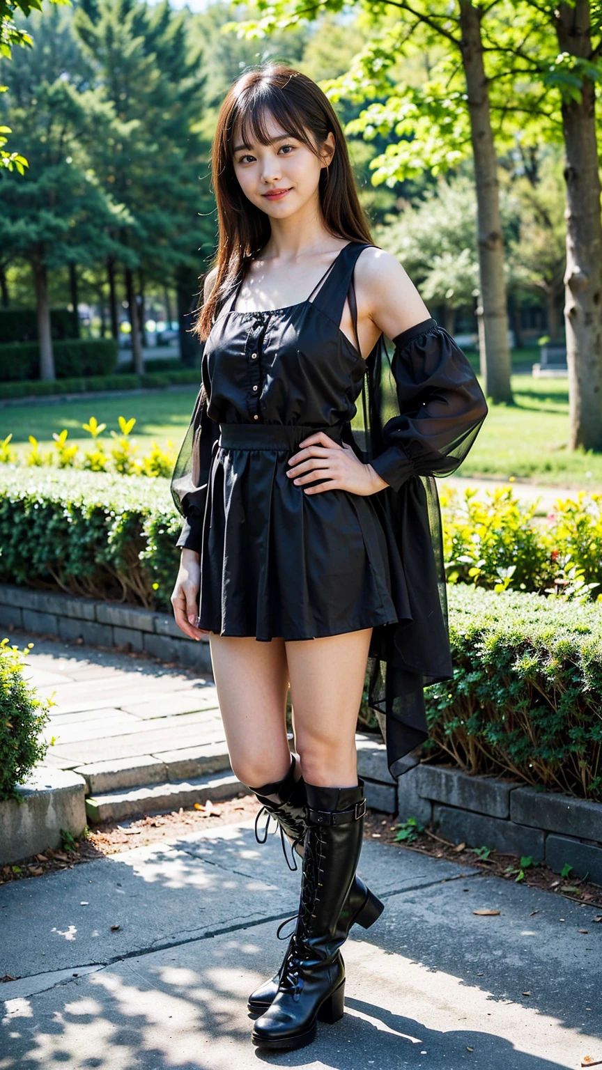 (8K、RAW Photos、Highest quality、masterpiece:1.2)、(Realistic、Realistic)、1 Girl、((Black mini skirt、Black dress、whole body、See-through、boots、chest emphasis、whole body、garden、View from the front、Looking into the camera、smile、Stand with hands on hips))、