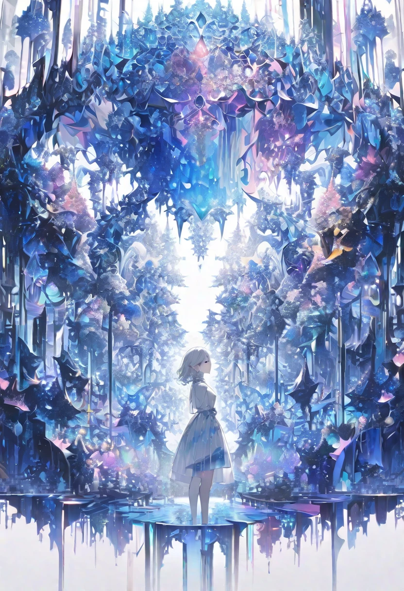 ((masterpiece)), (anime:1.3), ((Highest quality)), (Abstract art:1.5), (High resolution), (pale colour), Wide Shot, (Fractal structure:1.5), (Simple white background:1.6), landscape, (beautiful), (Biological atmosphere), deep sea, (pretty girl), (Hollow Eyes), (profile), beautiful白い髪, (Are crying), transparent Glass ice mirror Blue rose crystal