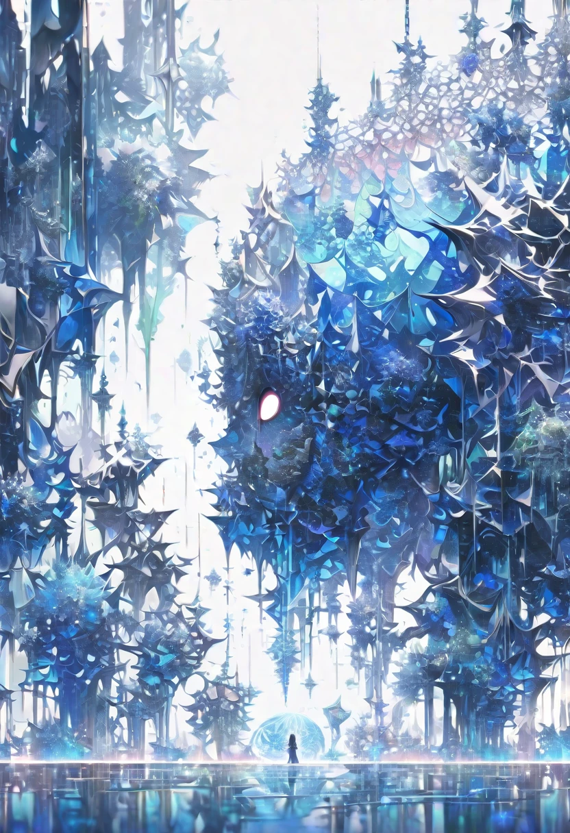 ((masterpiece)), (anime:1.3), ((Highest quality)), (Abstract art:1.5), (High resolution), (pale colour), Wide Shot, (Fractal structure:1.5), (Simple white background:1.6), landscape, (beautiful), (Biological atmosphere), deep sea, (pretty girl), (Hollow Eyes), (profile), beautiful白い髪, (Are crying), transparent　Glass　ice　mirror　Blue rose　crystal