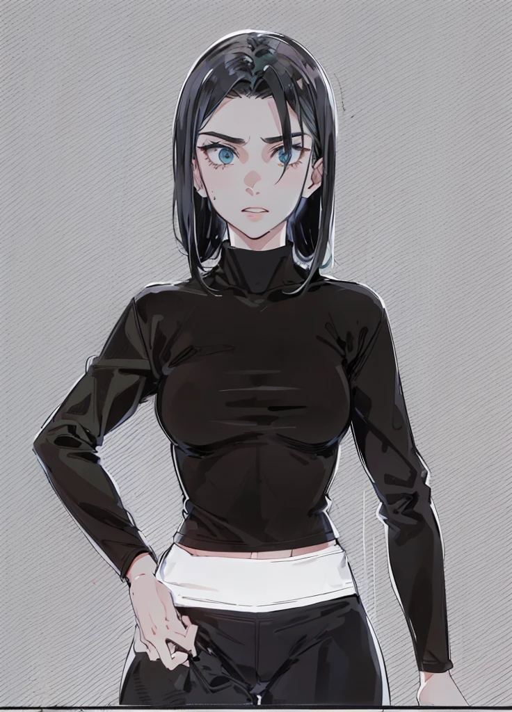 girl, wearing a black t-shirt and sweatpants, short black hair