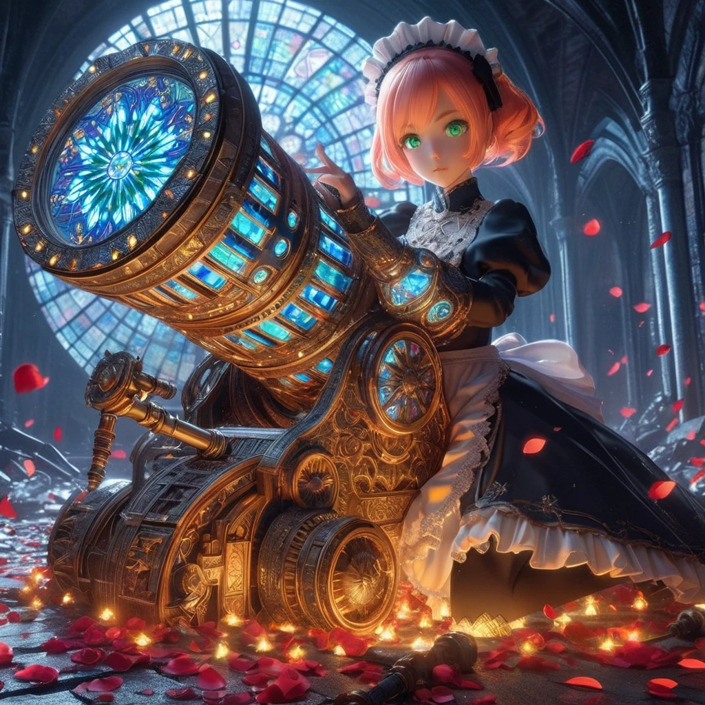 High-resolution rendering、Pink-haired, green-eyed black maid with a giant volt cannon、A gigantic Volt Cannon that is significantly larger than her head.、Detailed Vault Cannon、Blue and orange volt cannon。The Vault Cannon is engraved with intricate geometric stained glass patterns.、Shooting lightning。She points the Volt Cannon at the viewer.。Full Body Shot。In the background, it is pitch black with ruins.、The falling rose petals create a fantastic atmosphere.。An anime with delicate lines drawn using soft brushstrokes like watercolorultiple cels are layered to create the texture of ink.。Quality depicted through pinpoint detail。Full Body Shot