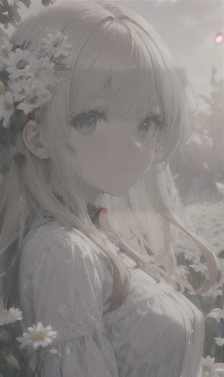 1 girl in a field of flowers, white flower, looking at the viewer, blue eyes, blonde hair, daisy, long hair, pure white dress, best quality, 4k, 8k, highres, masterpiece:1.2, ultra-detailed, realistic, photorealistic, photo-realistic:1.37, HDR, UHD, studio lighting, ultra-fine painting, sharp focus, physically-based rendering, extreme detail description, professional, vivid colors, bokeh, portrait, fantasy, cinematic lighting, natural lighting, soft focus, ethereal, serene, tranquil, dreamy
