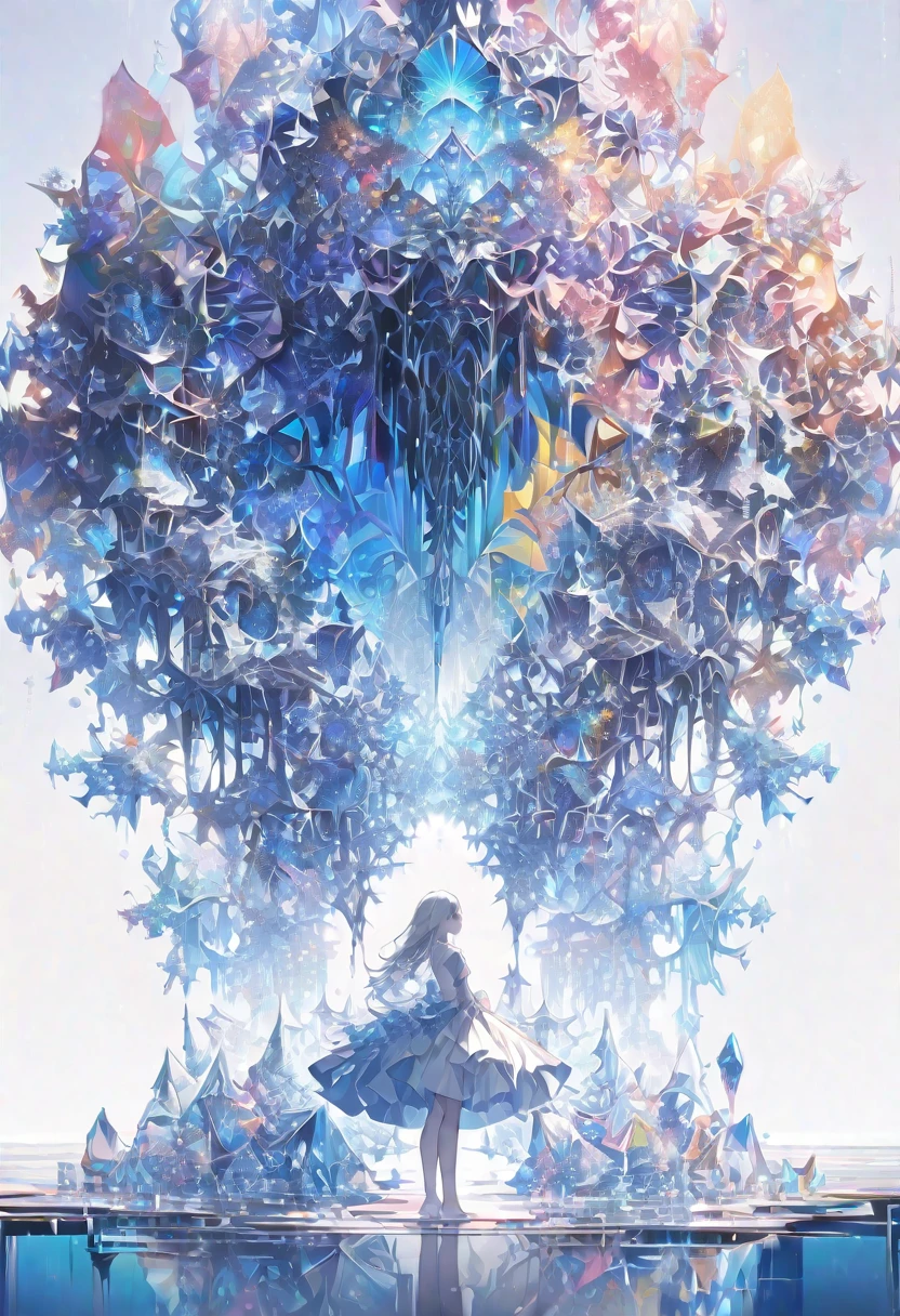 ((masterpiece)), (anime:1.3), ((Highest quality)), (Abstract art:1.5), (High resolution), (pale colour), Wide Shot, (Fractal structure:1.5), (Simple white background:1.6), landscape, (beautiful), (Biological atmosphere), deep sea, (pretty girl), (Hollow Eyes), (profile), beautiful白い髪, (Are crying), transparent　Glass　ice　mirror　Blue rose　crystal
