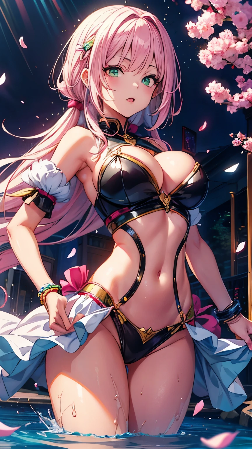 Anime girl with pink hair and green eyes posing for a photo, Haruno sakura, Best anime 4k konachan wallpaper, Enchanting anime girl, I also make fan art, sakura petals around her, Splash Art Anime , Anime Style 4k, Anime Moe Art Style, High quality anime art style, Detailed anime artwork, Anime Wallpaper, Anime Best Girl, erotic, big firm bouncing busts