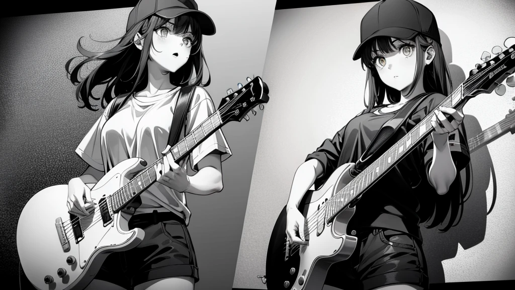 (((grayscale)))(masterpiece:1.2, Highest quality), (Graffiti wall:1.15), One woman, Beanie, Jacket, leggings, Yellow Eyes, whole body,masterpiece, Highest quality, Highly detailed CG, (Intricate details:1.2), 8k wallpaper, One girl, alone , gray , guitar, (holding guitar:1.2), Singing passionately, shout, Stage lighting, (Mike stand:1.2),a young woman with an electric guitar, black shorts, Yellow Eyes, alone, shirt, Black Hair, Baseball cap, white shirt, View your viewers, 長いBlack Hair, Short sleeve, Long Hair