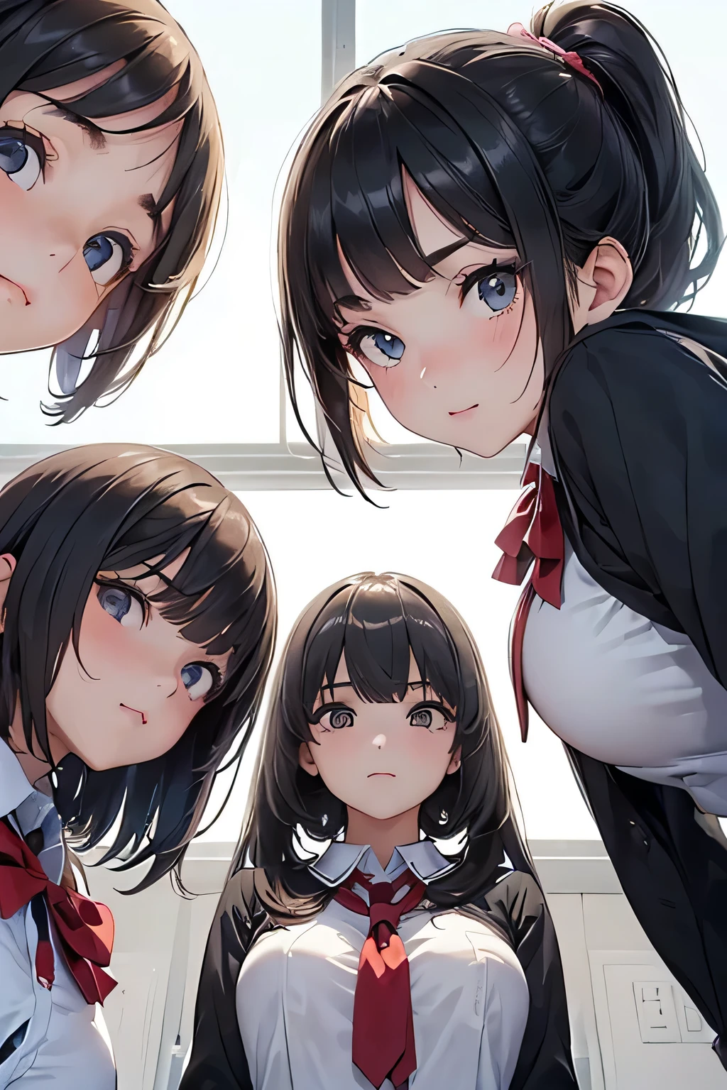 Highest quality、High resolution、Detailed Background、(Beautiful face in every detail:1.4)、Anatomically correct、Detailed facial expressions、Teenage beauty、Highly detailed face、(Huge breasts:1.2)、cute hair color、Bobcut、ponytail、cute hairstyle、well-groomed eyebrows、Perfect body line、School classroom、JK Uniform、(A shot from below of three beautiful girls looking at us with cold eyes:1.5)、Close up from below、look at me with cold eyes、glare、cute、Panty Shot