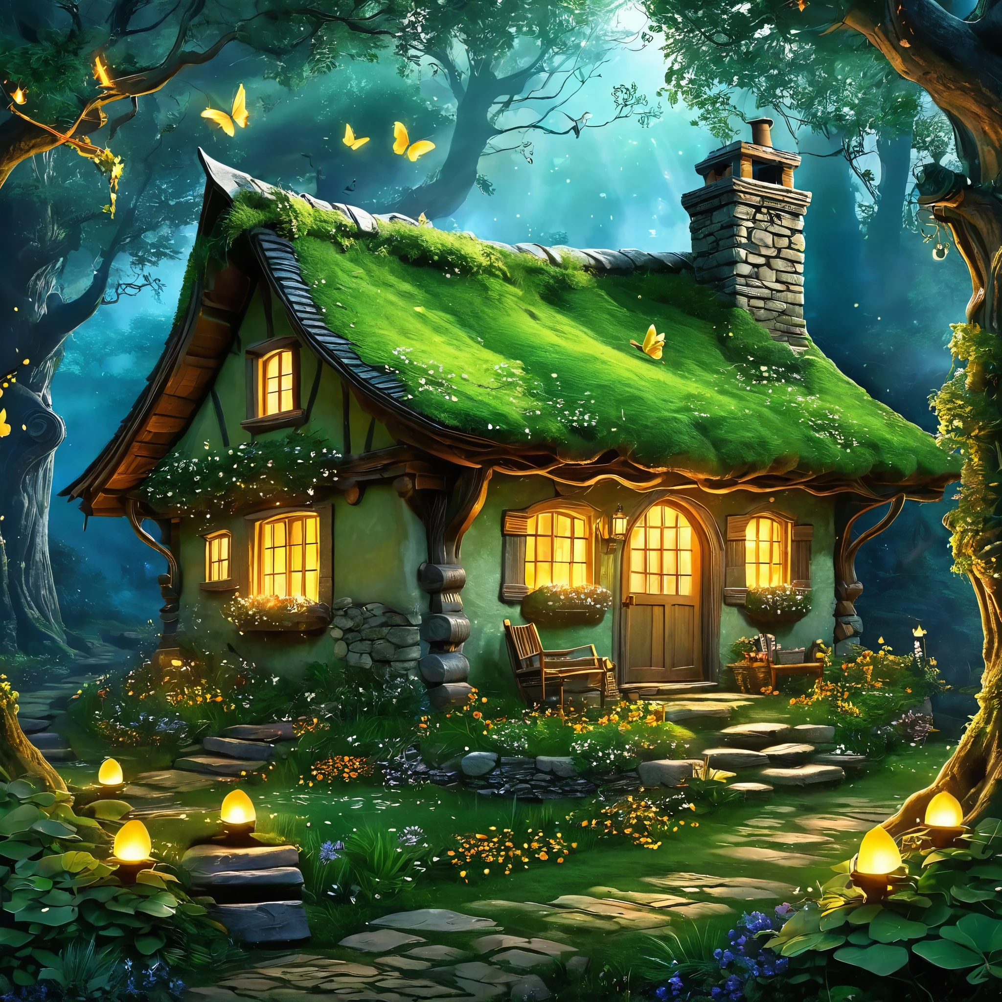 Create an image of a hidden witch's cottage deep in the woods, surrounded by gnarled trees and glowing fireflies. Give it an aura of enchantment and mystery