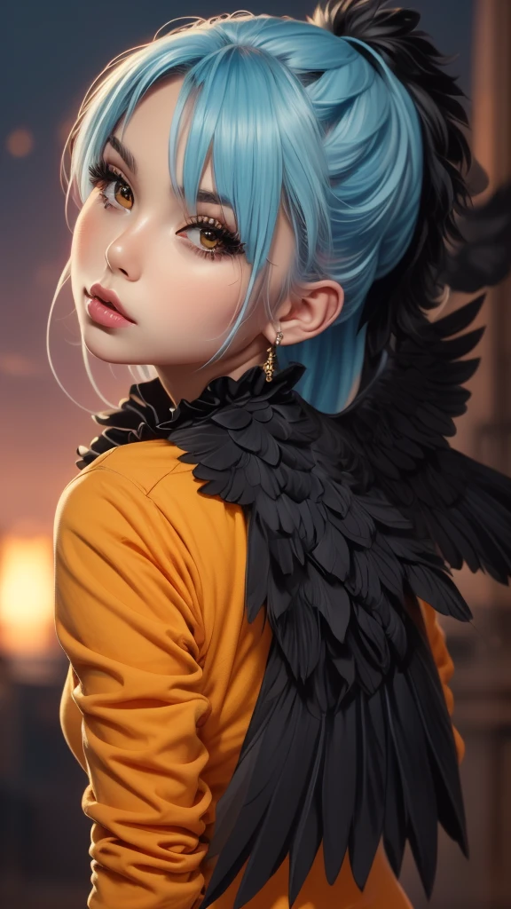 Anime girl, Vibrant Colors, Master Piece, (Best Quality: 1.3), 8k Quality, (absurdres absolutely resolution),texture,(Extremely Detailed Illustration), (Super Fine Illustration), an Extremely Delicate and Beautiful, Ultra High Resolution, Fantasy, (super detailed), official art, production art, HDR, cute face, kawaii, (((1 girl))), (large crow wings on back:1.4), (blow kiss:1.4), light blue hair, long hair, small face, orange eyes, large breasts, hair with orange flower, (orange and black clothes, two tone one piece of frill:1.4), 