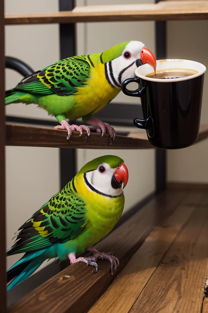 Parakeet drinking coffee 