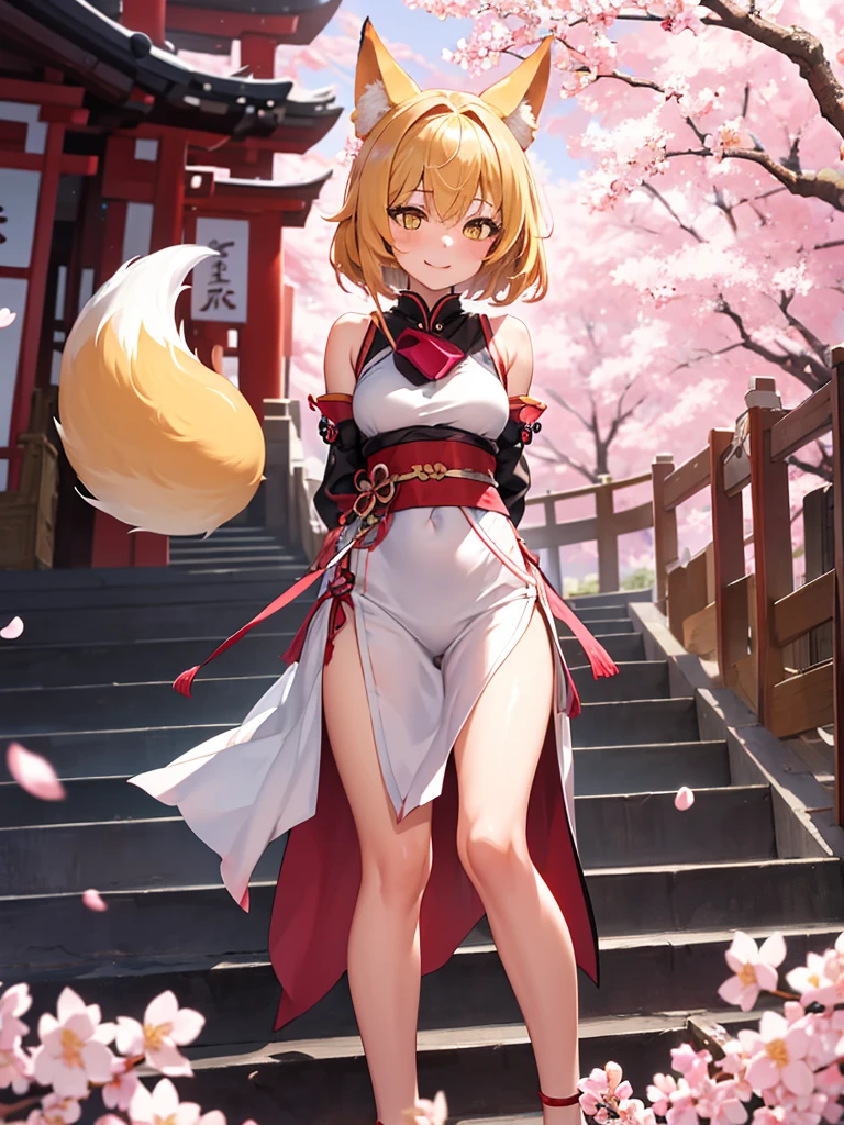 masterpiece, best quality, 1girl, yellow eyes, medium hair, stairs, cherry blossoms, temple, fox girl, detached sleeves, animal ears, happy, arms behind back,