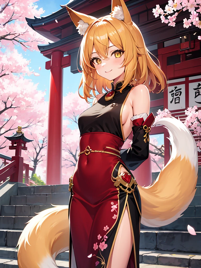 masterpiece, best quality, 1girl, yellow eyes, medium hair, stairs, cherry blossoms, temple, fox girl, detached sleeves, animal ears, happy, arms behind back,