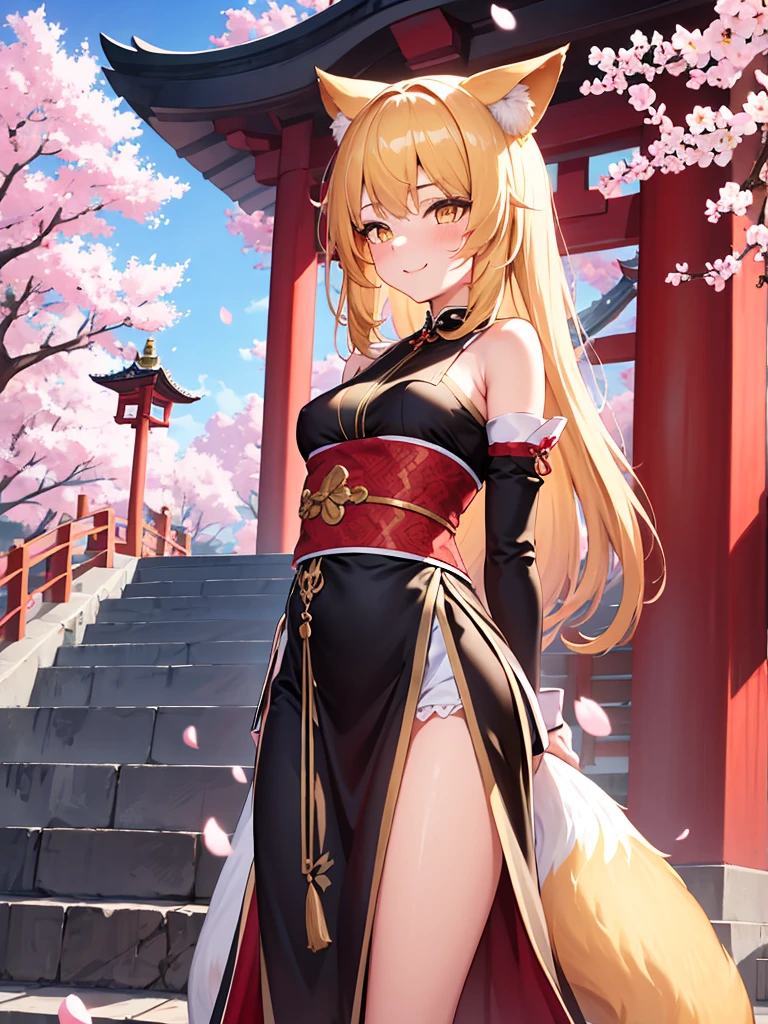 masterpiece, best quality, 1girl, yellow eyes, medium hair, stairs, cherry blossoms, temple, fox girl, detached sleeves, animal ears, happy, arms behind back,