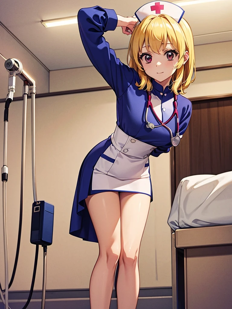 masterpiece best quality anime style 4k beautiful face(nurse cap nurse costume mini skirt)(consultation Stethoscope and medical Check leaning forward in hospital room))fAngle from below hospital bed room showing panties Blonde_HAIR