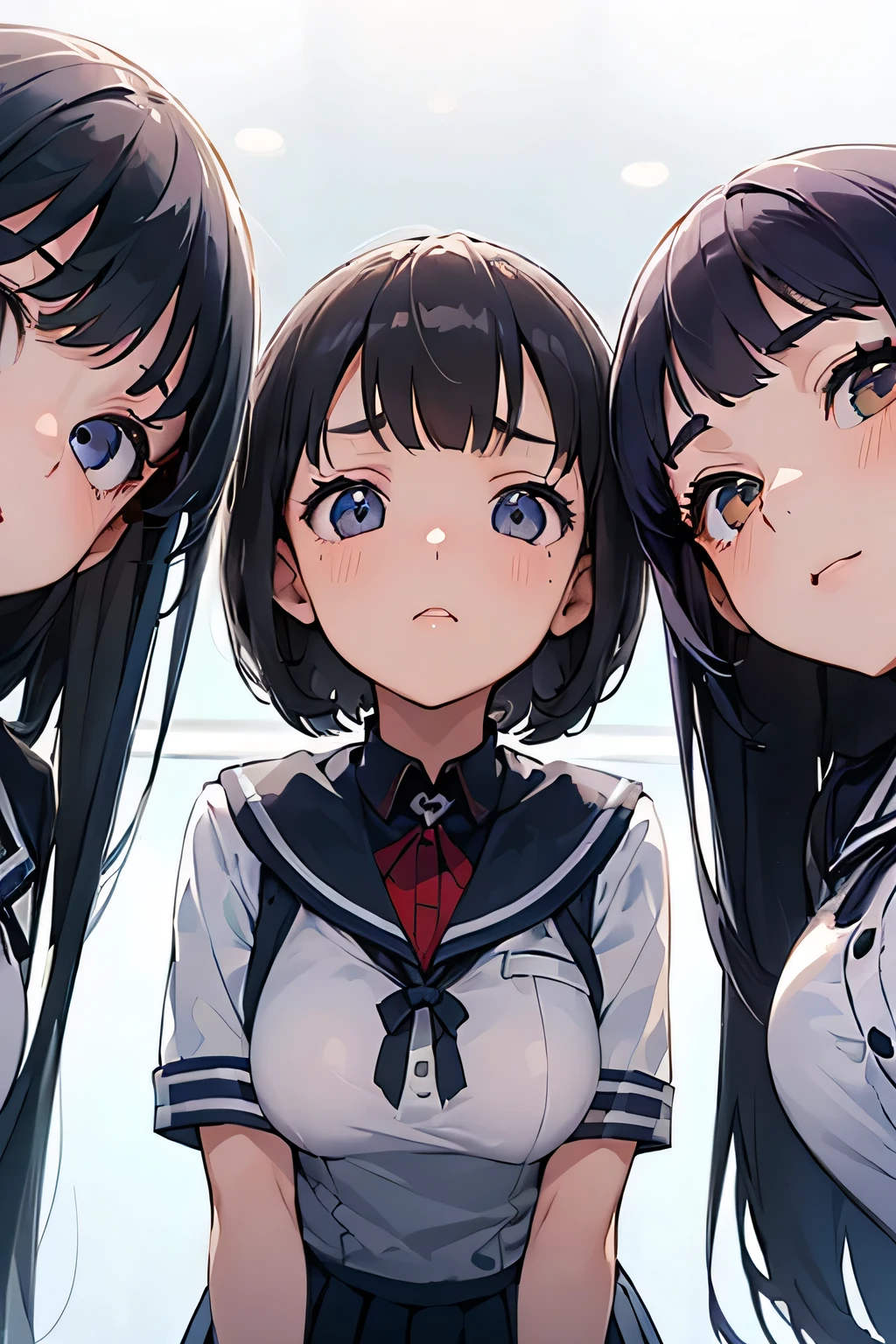 Highest quality、High resolution、Detailed Background、(Beautiful face in every detail:1.4)、Anatomically correct、Detailed facial expressions、Teenage beauty、Highly detailed face、(Huge breasts:1.2)、cute hair color、Bobcut、ponytail、cute hairstyle、well-groomed eyebrows、Perfect body line、School classroom、JK Uniform、(A shot from below of three beautiful girls looking at us with cold eyes:1.5)、Close up from below、look at me with cold eyes、glare、cute、Panty Shot