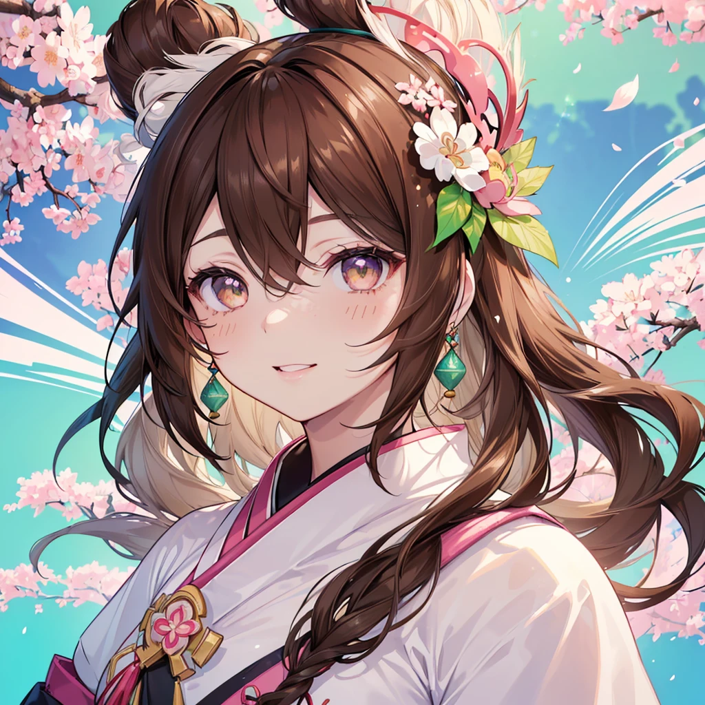 ((Genshin impact style lineart)) ((face portrait)), (masterpiece), (high quality), 1 girl, 16 years, female and curvy body, white skin, freckles, ((long, and wavy (((DARK-BROWN))) hair)), ((big, and GREEN and bright eyes like the forest)), she has a cheerful, Very lively, happy, bright, kind and sweet expression, pink lips with a big smile, ((designs from East Asian, Game character costume design)), Japanese clothing style with a green and light pink color palette, japanese hair accessories, ((White background, sakura, cute and colorful pink details)), ((portrait panting)), intricate details, lens flare,ultra high resolution,sharp focus,HD,8k,clear facial features,clear details,beautiful eyes,beautiful face
