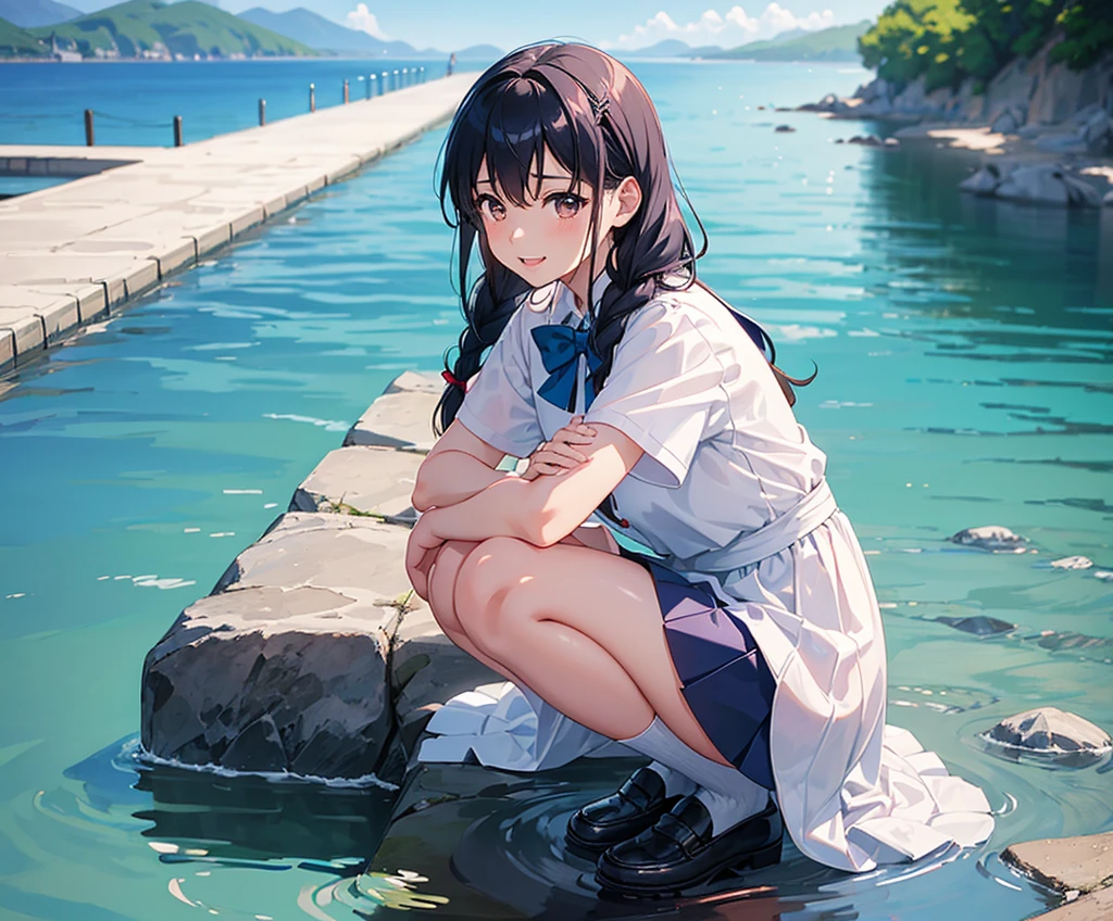 master piece, extremely detailed, high resolution, Makoto Shinkai style, high school girl, short sleeve shirt, blue bow tie, checkered mini skirt, elbows at sides, arms clenched, blue hair, glossy plump lips, pink lips, glossy hair, stone steps in the background of a park with an ocean view, blue summer sky, mouth closed and happy expression, medium long hair, braids, ribbon hair accessory, curious eyes, brown eyes, mid-bust, slim waist, upper body only, girl reflected in puddle, squatting over puddle, fullbody, wearing loafers,
