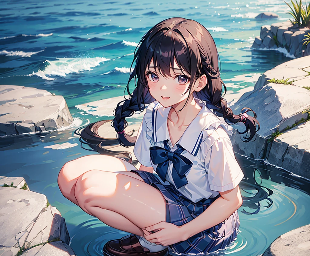 master piece, extremely detailed, high resolution, Makoto Shinkai style, high school girl, short sleeve shirt, blue bow tie, checkered mini skirt, elbows at sides, arms clenched, blue hair, glossy plump lips, pink lips, glossy hair, stone steps in the background of a park with an ocean view, blue summer sky, mouth closed and happy expression, medium long hair, braids, ribbon hair accessory, curious eyes, brown eyes, mid-bust, slim waist, upper body only, girl reflected in puddle, squatting over puddle, fullbody, wearing loafers,