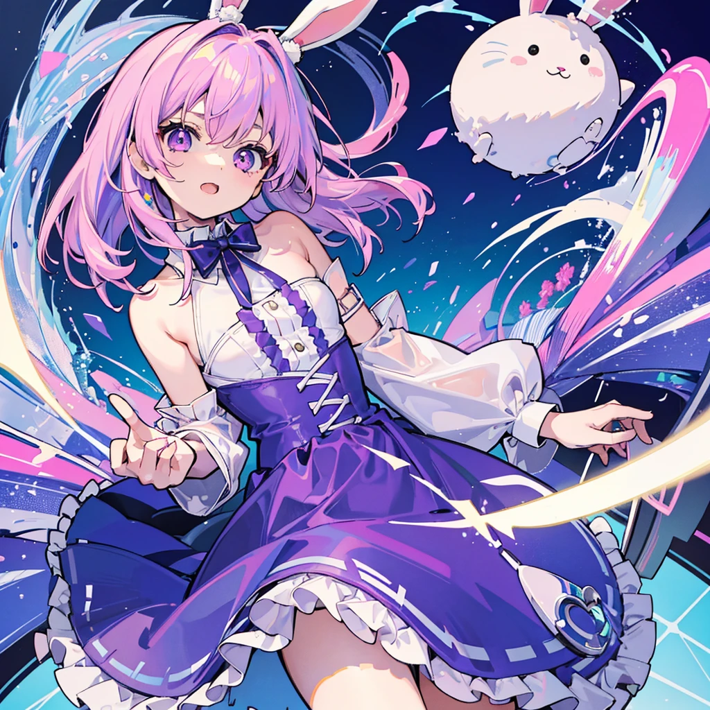 A cute little , 5 years old, wee, with short white hair, with pink highlights, big and purple eyes, blue dress and bunny ears