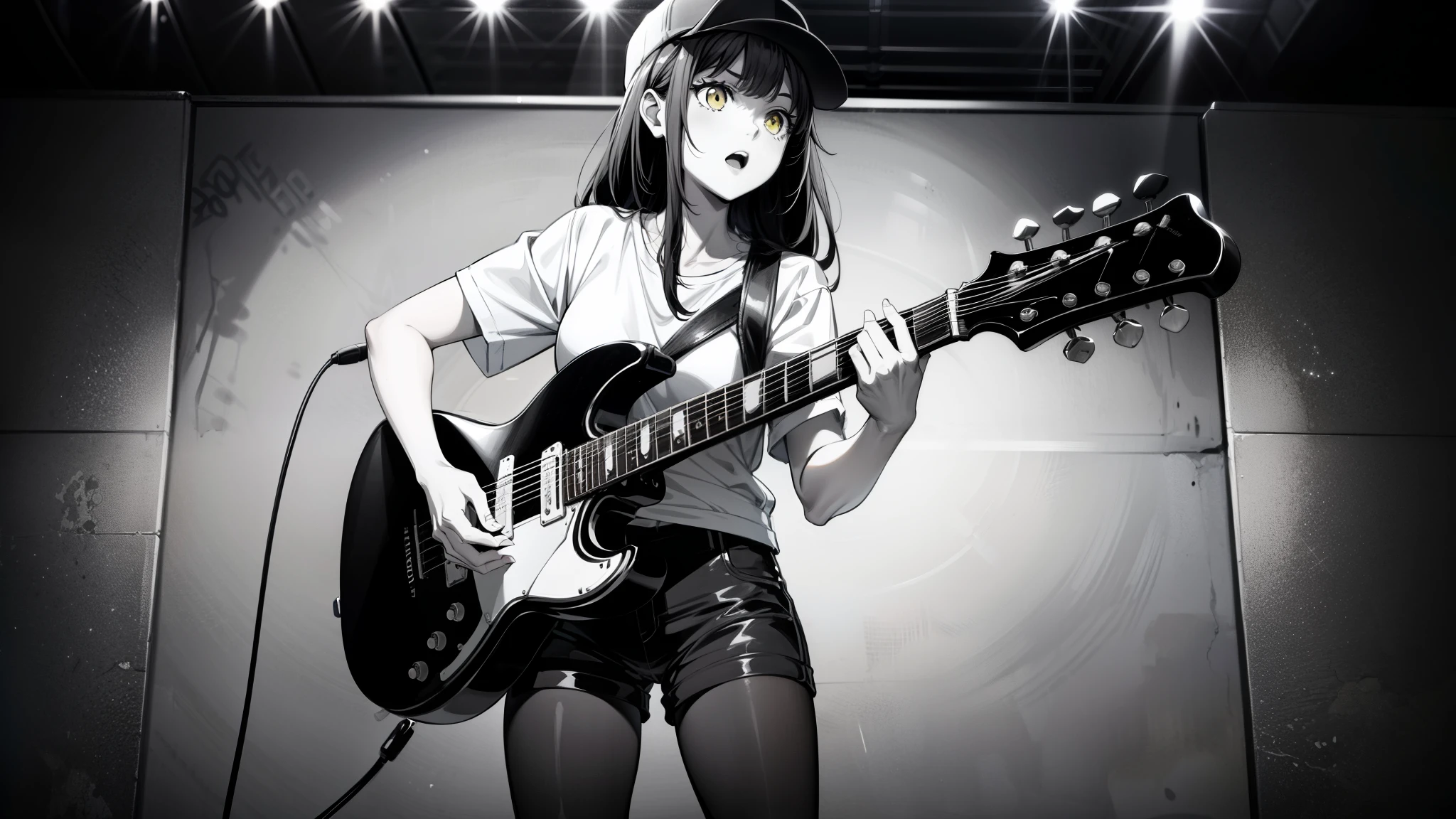 (((grayscale)))(masterpiece:1.2, Highest quality), (Graffiti wall:1.15), One woman, Beanie, Jacket, leggings, Yellow Eyes, whole body,masterpiece, Highest quality, Highly detailed CG, (Intricate details:1.2), 8k wallpaper, One girl, alone , gray , guitar, (holding guitar:1.2), Singing passionately, shout, Stage lighting, (Mike stand:1.2),a young woman with an electric guitar, black shorts, Yellow Eyes, alone, shirt, Black Hair, Baseball cap, white shirt, View your viewers, 長いBlack Hair, Short sleeve, Long Hair