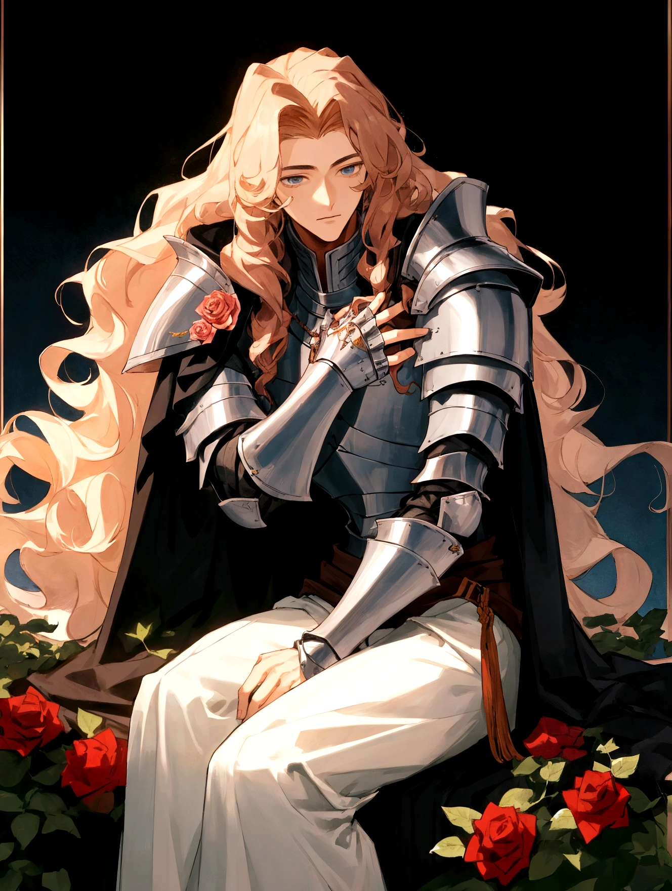 full-length, man of medium height, 21 years old, roses, knight's armor, flowers, long curly hair, sitting on his knee, young body, cute face, hand on chest, clean background