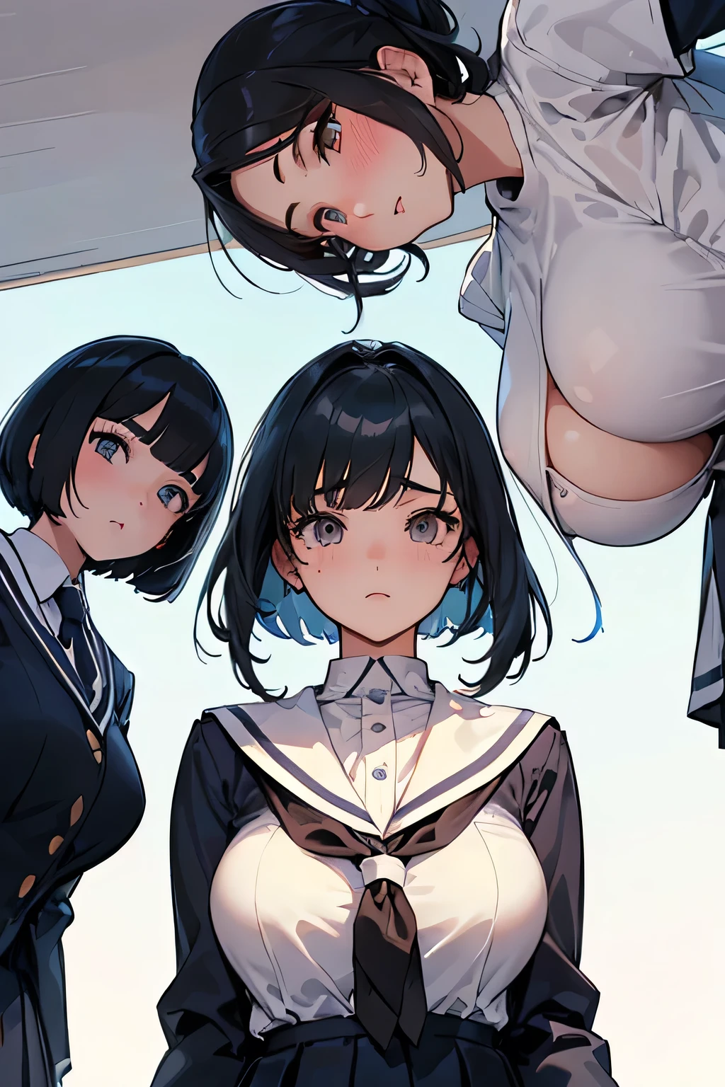 Highest quality、High resolution、Detailed Background、(Beautiful face in every detail:1.4)、Anatomically correct、Detailed facial expressions、Teenage beauty、Highly detailed face、(Huge breasts:1.2)、cute hair color、Bobcut、ponytail、cute hairstyle、well-groomed eyebrows、Perfect body line、School classroom、JK Uniform、(A shot from below of three beautiful girls looking at us with cold eyes:1.5)、Close up from below、look at me with cold eyes、glare、cute、Panty Shot