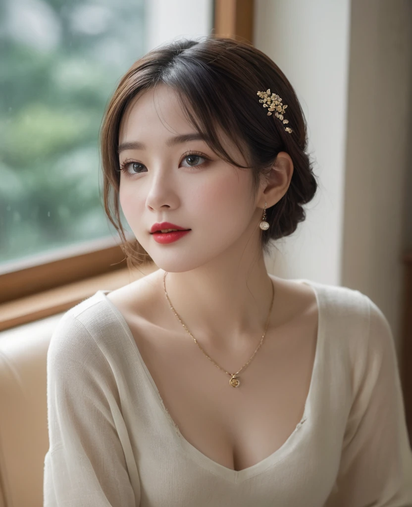 (Canon RF85mm f/1.2,best quality,Reality:1.4,light),A girl，Alone，She has brown hair，Wearing jewelry in hair。She sits indoors，Near the window，Sitting on the sofa，Have red lips。She looks directly at the audience，Looks confident and mysterious。The name of the artist who created this painting is cleverly incorporated into the picture.，Make the painting more personal and unique，Smiling