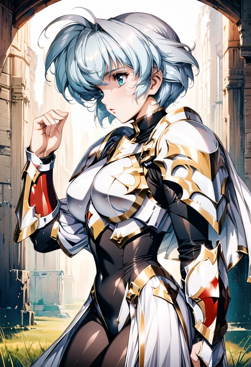 ((highest quality)), ((masterpiece)), ((hyperrealistic)), (detailed background), shoot from side, anime style, solo, 1girl, langrisser, ((curvy: 1.2)), kawaii, ((armor dress: 1.3)), silver short hair, ahoge, (white paladin armor), ((high neck leotard bodysuit)), ((large breasts)), ((arm guard gauntlet)), (breastplate), waist armor, ((see-through black bodystocking)), (big butt), perfect cloak, beautiful aqua eyes, perfect face, Perfect hands, perfect fingers, Blue sky and grassland,