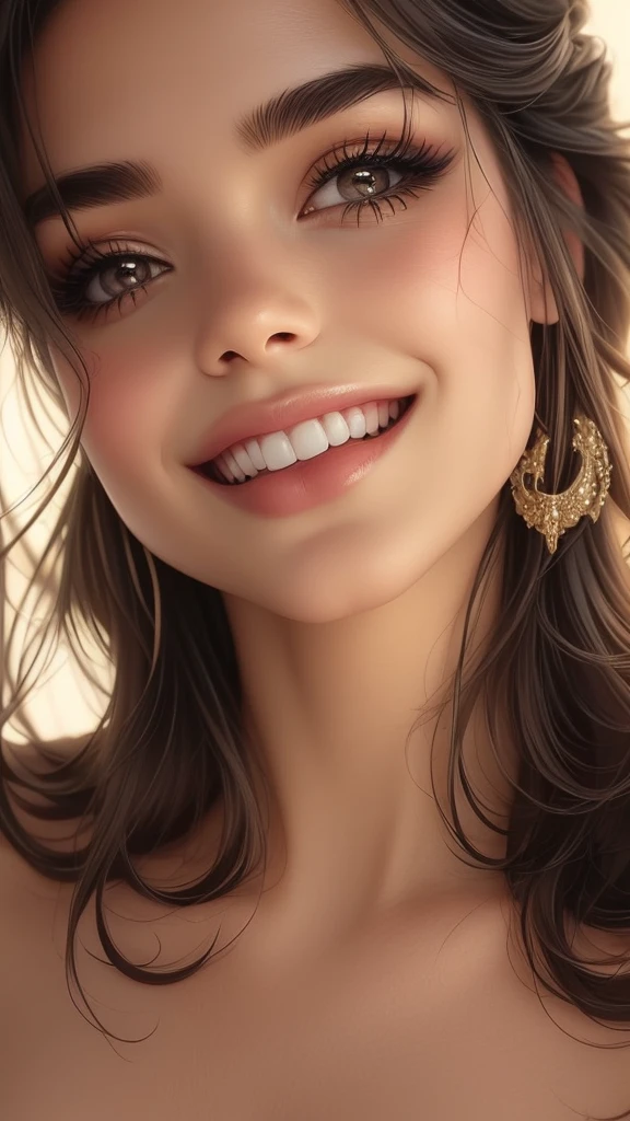 (best quality,ultra-detailed,realistic:1.37),cute girls face,beautiful detailed eyes,beautiful detailed lips,demonic smile,vivid colors,golden hair,innocent expressions,playful facial features,natural lighting,soft background,portrait style,photorealistic,shiny eyes,curly lashes,rosy cheeks,sparkling teeth,sharp focus,radiant skin,expressive eyebrows,blush highlights,luscious lips,natural beauty,subtle contouring,sweet and mischievous gaze,hint of mischief,dreamy atmosphere,delicate details.