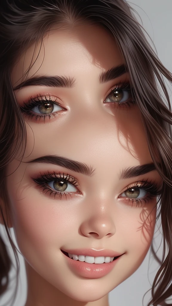 (best quality,ultra-detailed,realistic:1.37),cute girls face,beautiful detailed eyes,beautiful detailed lips,demonic smile,vivid colors,golden hair,innocent expressions,playful facial features,natural lighting,soft background,portrait style,photorealistic,shiny eyes,curly lashes,rosy cheeks,sparkling teeth,sharp focus,radiant skin,expressive eyebrows,blush highlights,luscious lips,natural beauty,subtle contouring,sweet and mischievous gaze,hint of mischief,dreamy atmosphere,delicate details.