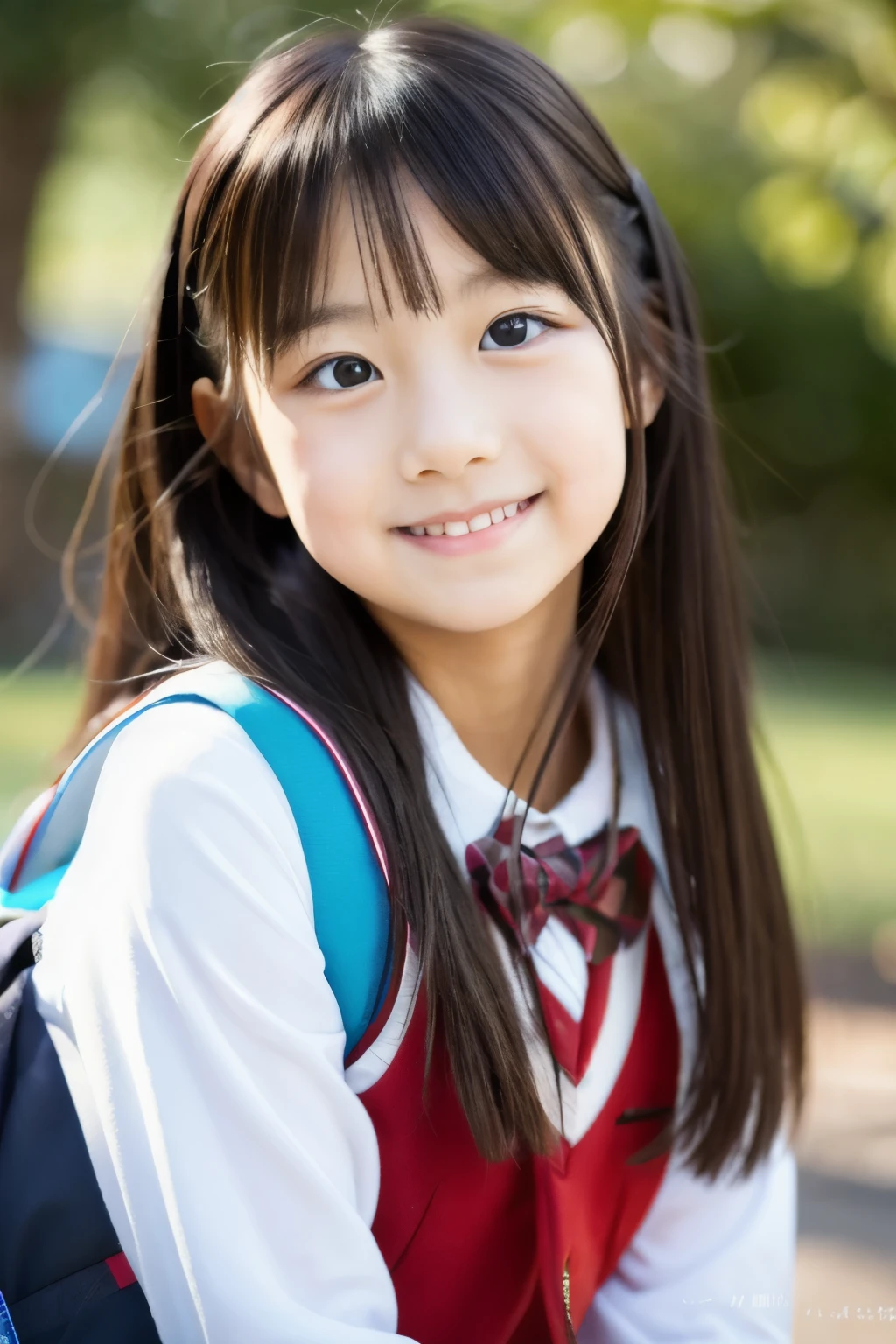 (masterpiece, best quality:1.2), 1girl, solo ((detailed face)), (one girl), ((best quality)), ((load 8K)), (super detailed), 8K RAW photo, highest quality, highest quality: 1.1, masterpiece: 1.3, super high resolution, (perfect face, Japanese, 9 years old, girl, cute, elementary school student, private elementary school, checked skirt, park, smile,