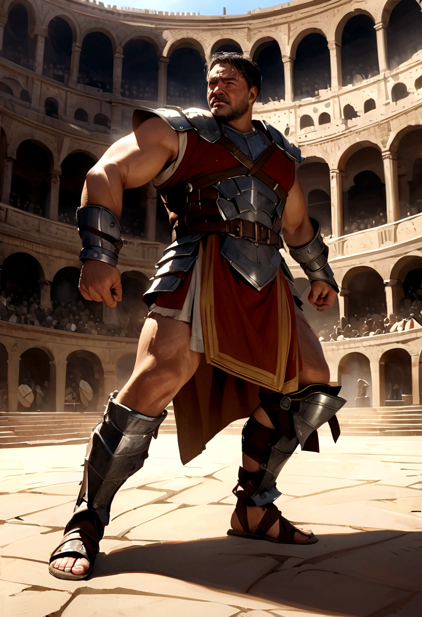 (Russell Crowe as a gladiator,epic scene in the Colosseum,one man standing alone in the center of the Colosseum,massive stone walls surrounding him,sunlight streaming through the arched entrances,clouds of dust and debris swirling in the air,detailed muscular physique,intense gaze,determined expression,sword and shield in hand,ready for battle,Roman architecture,historical,cinematic,dramatic lighting,realistic,photorealistic,8k,high quality)