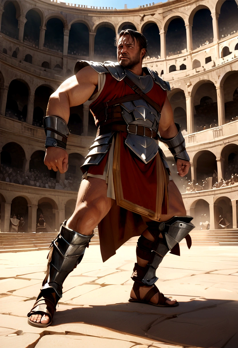(Russell Crowe as a gladiator,epic scene in the Colosseum,one man standing alone in the center of the Colosseum,massive stone walls surrounding him,sunlight streaming through the arched entrances,clouds of dust and debris swirling in the air,detailed muscular physique,intense gaze,determined expression,sword and shield in hand,ready for battle,Roman architecture,historical,cinematic,dramatic lighting,realistic,photorealistic,8k,high quality)