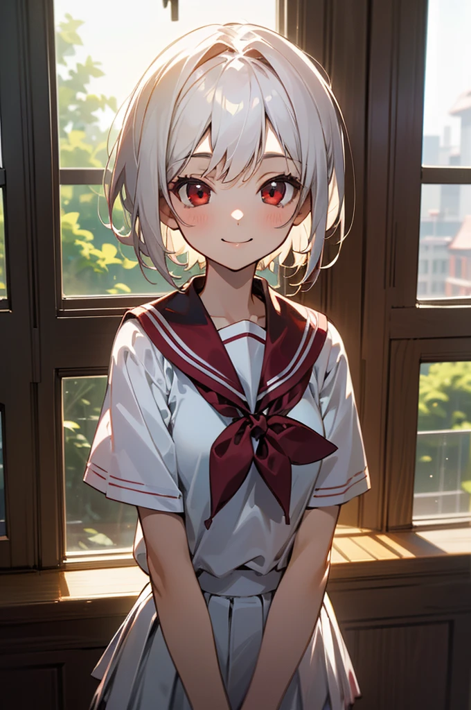 ((masterpiece,Highest quality, High resolution)), One girl, alone, Red eyes, Short white hair, smile, , White Seraphim, Red Sailor Collar, Short sleeve, White pleated skirt, (On the school route), Dramatic Light, Next to the window, afternoon light through the window, afternoon, Bokeh effect