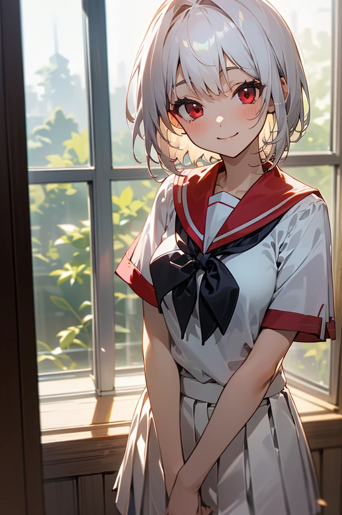 ((masterpiece,Highest quality, High resolution)), One girl, alone, Red eyes, Short white hair, smile, , White Seraphim, Red Sailor Collar, Short sleeve, White pleated skirt, (On the school route), Dramatic Light, Next to the window, afternoon light through the window, afternoon, Bokeh effect