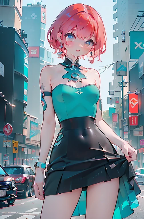 ((best qualityer)), ((work of art)), ((realisitic)) 19yearsold, red-haired girl, Hair to the shoulders, happy and relaxed face ((苗条)) (busty), ((( dark turquoise strapless bodycon dress ))) ((( mini-skirt ))) ((sensuous )) cyberpunk costume, textured pixie haircut , medium shot. beautiful  face,