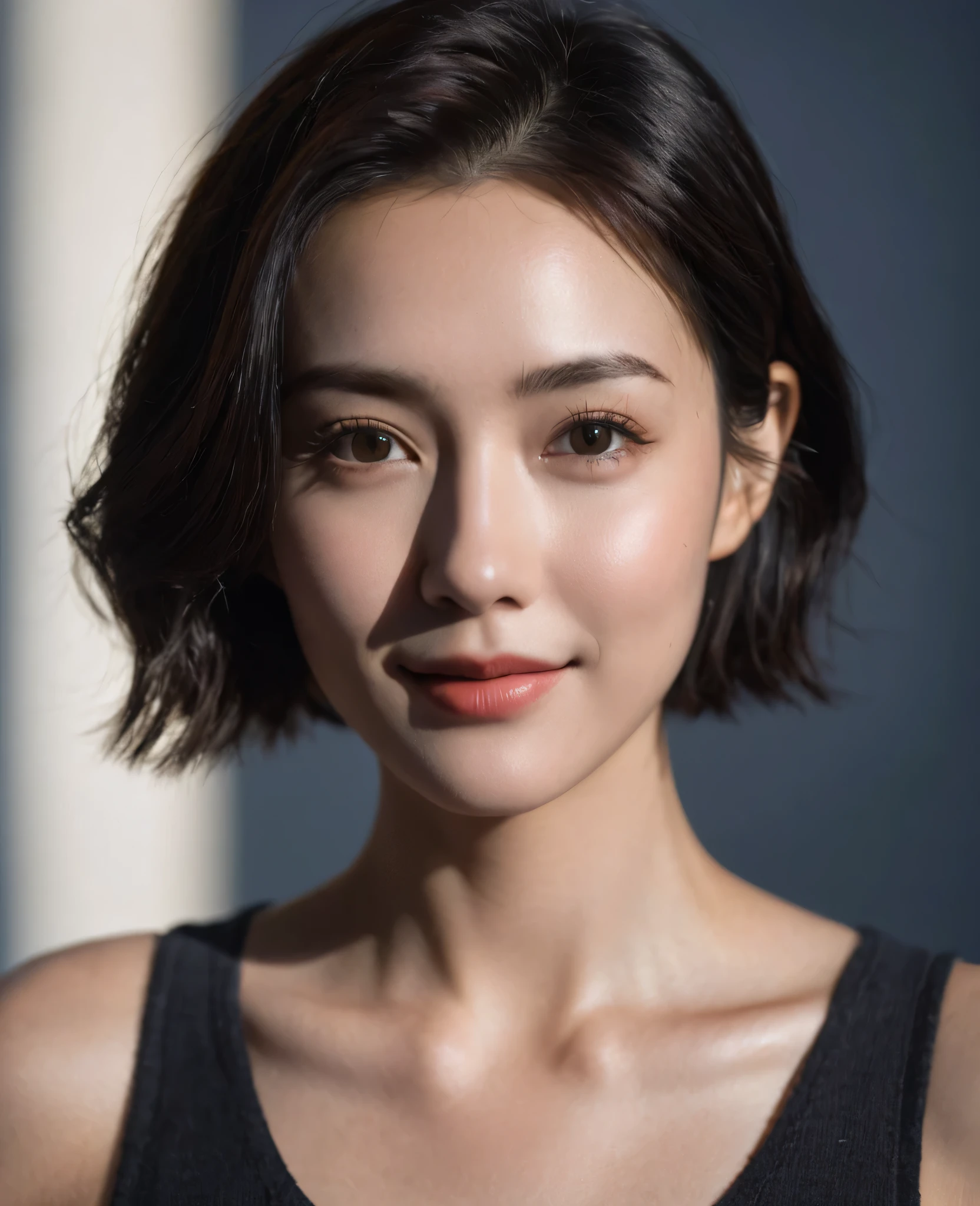 (Canon RF85mm f/1.2,best quality,Reality:1.4,light),Best quality,masterpiece,Ultra-high resolution,(Realism:1.5),original photo,1 Girl,Lower shoulder,in the darkness,Deep Shadows,Low profile,Cold Light,Attractive appearance,short hair,Half-length photo,Smiling