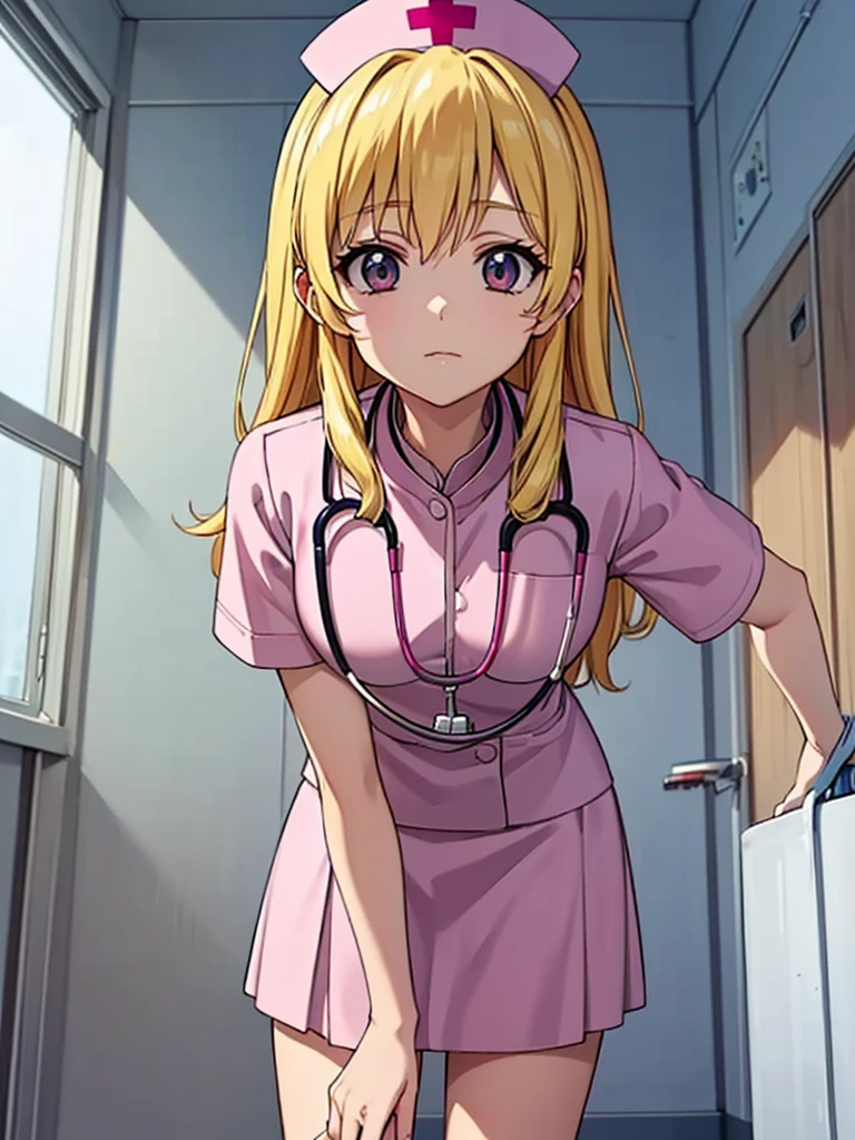 masterpiece best quality anime style 4k beautiful face(nurse cap nurse costume mini skirt)(consultation Stethoscope and medical Check leaning forward in hospital room))fAngle from below hospital bed room showing panties Blonde_HAIR
