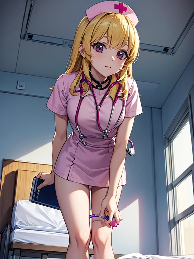 masterpiece best quality anime style 4k beautiful face(nurse cap nurse costume mini skirt)(consultation Stethoscope and medical Check leaning forward in hospital room))fAngle from below hospital bed room showing panties　Blonde_HAIR