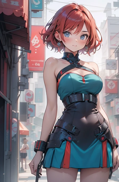 ((best qualityer)), ((work of art)), ((realisitic)) 19yearsold, red-haired girl, Hair to the shoulders, happy and relaxed face ((苗条)) (busty), ((( dark turquoise strapless bodycon dress ))) ((( mini-skirt ))) ((sensuous )) cyberpunk costume, textured pixie haircut , medium shot. beautiful face,