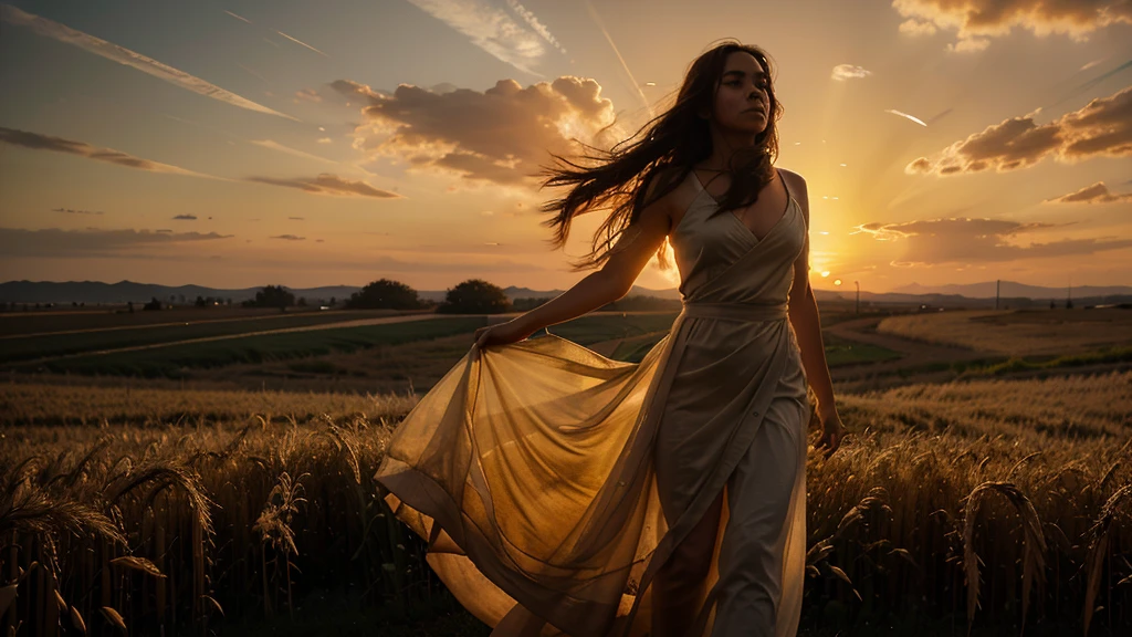  A woman draped in a flowing white gown stands amidst the vast expanse of the wheat field, her silhouette outlined against the fiery hues of the setting sun. Her figure exudes a sense of grace and tranquility as she gazes into the distance. [Background] The wheat field stretches endlessly towards the horizon, bathed in the warm, golden light of the fading sun. The sky above is ablaze with vibrant shades of orange and red, casting a rich and immersive atmosphere over the scene. [Technique] Roberts employs bold and dynamic brushstrokes to evoke the drama and intensity of the moment, capturing the interplay of light and shadow with striking precision.