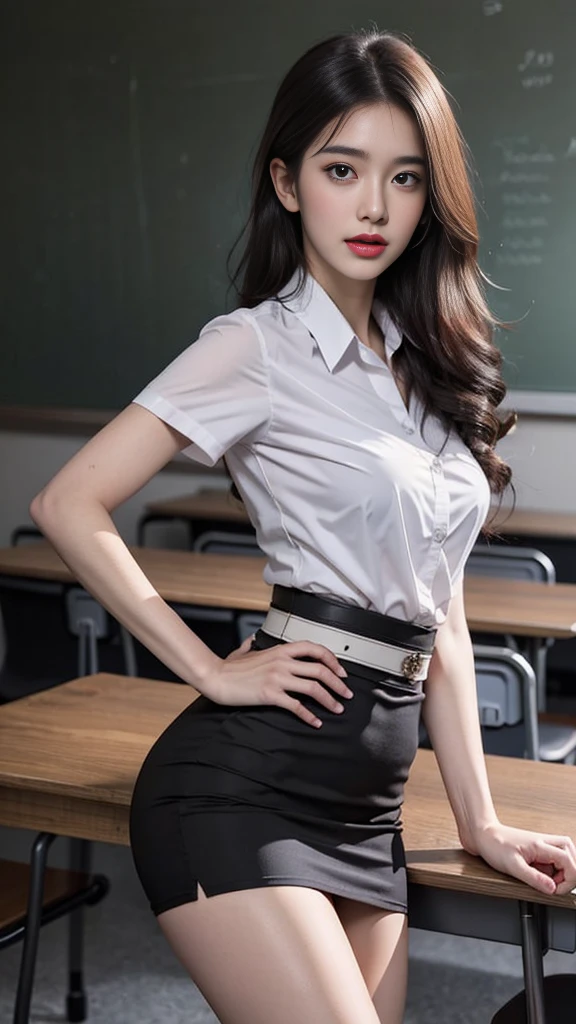 (8k, best quality, Masterpiece, very high:1.2) , Beautiful and charming with contemporary fashion paintings as well..., looking at the audience, ((in the classroom background)), (1 Teen Girl),(low waist black short skirt), (Tight white short-sleeved shirt), (Revealing the sexy breasts.), Brown belt 3.3 cm.,Copper rust-colored square belt buckle., ((Put your hands down.)),blonde hair, ผมปาbirdลาง, bird'The eyes of a beautiful woman, realistic skin texture, look up, round chin, Art lens 85mm, F 1. 2, Sharp focus, High resolution 8K, Crazy details, complicated, elegant, big breasts, Flat stomach,dynamic gesture,