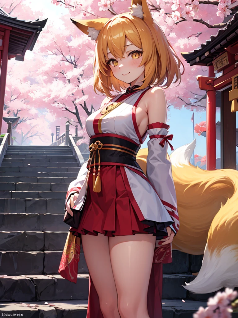 masterpiece, best quality, 1girl, yellow eyes, medium hair, stairs, cherry blossoms, temple, fox girl, detached sleeves, animal ears, happy, arms behind back,