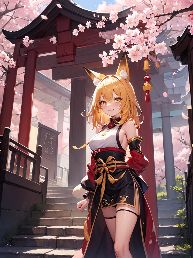 masterpiece, best quality, 1girl, yellow eyes, medium hair, stairs, cherry blossoms, temple, fox girl, detached sleeves, animal ears, happy, arms behind back,