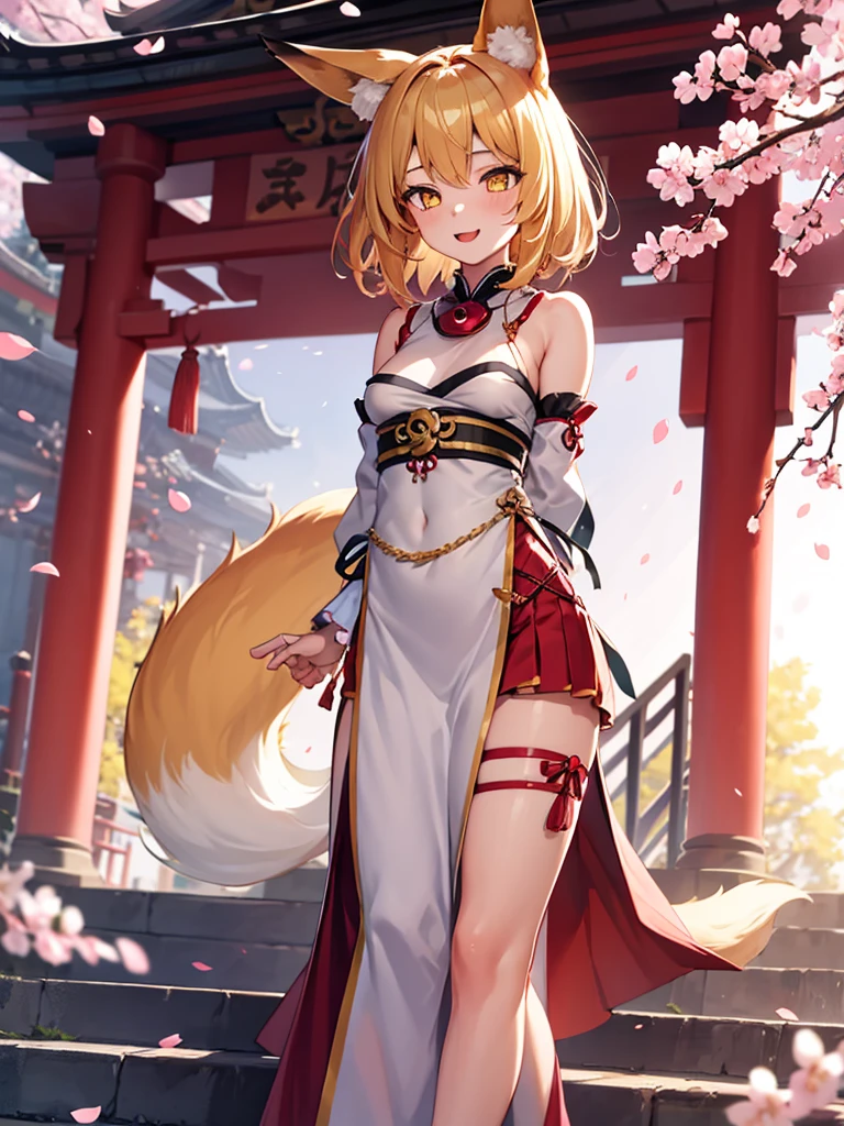 masterpiece, best quality, 1girl, yellow eyes, medium hair, stairs, cherry blossoms, temple, fox girl, detached sleeves, animal ears, happy, arms behind back,