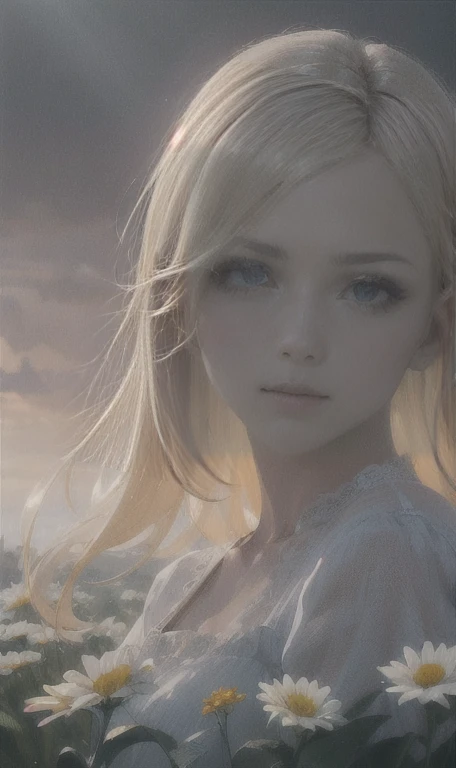 1 girl in a field of flowers, white flower, looking at the viewer, blue eyes, blonde hair, daisy, long hair, pure white dress, best quality, 4k, 8k, highres, masterpiece:1.2, ultra-detailed, realistic, photorealistic, photo-realistic:1.37, HDR, UHD, studio lighting, ultra-fine painting, sharp focus, physically-based rendering, extreme detail description, professional, vivid colors, bokeh, portrait, fantasy, cinematic lighting, natural lighting, soft focus, ethereal, serene, tranquil, dreamy